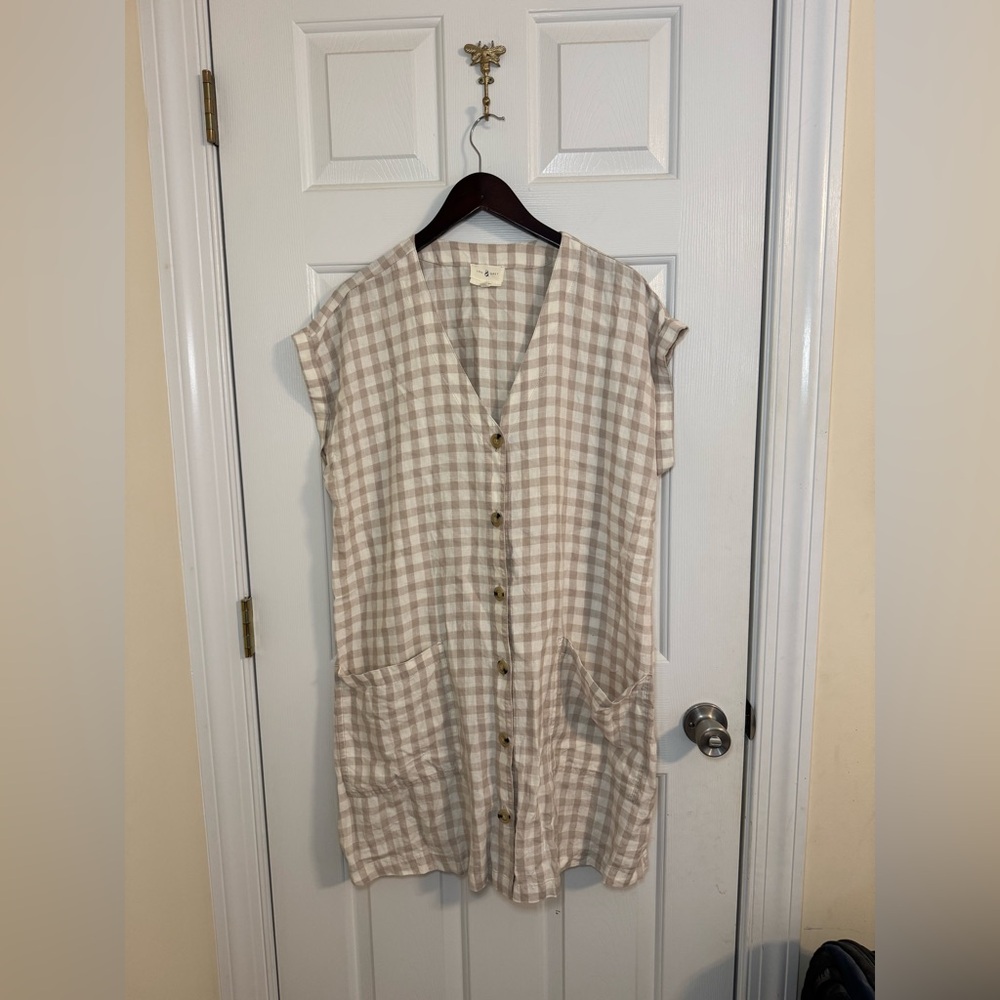 Lou & Grey Linen Gingham Shirt Dress size L pockets tan white
